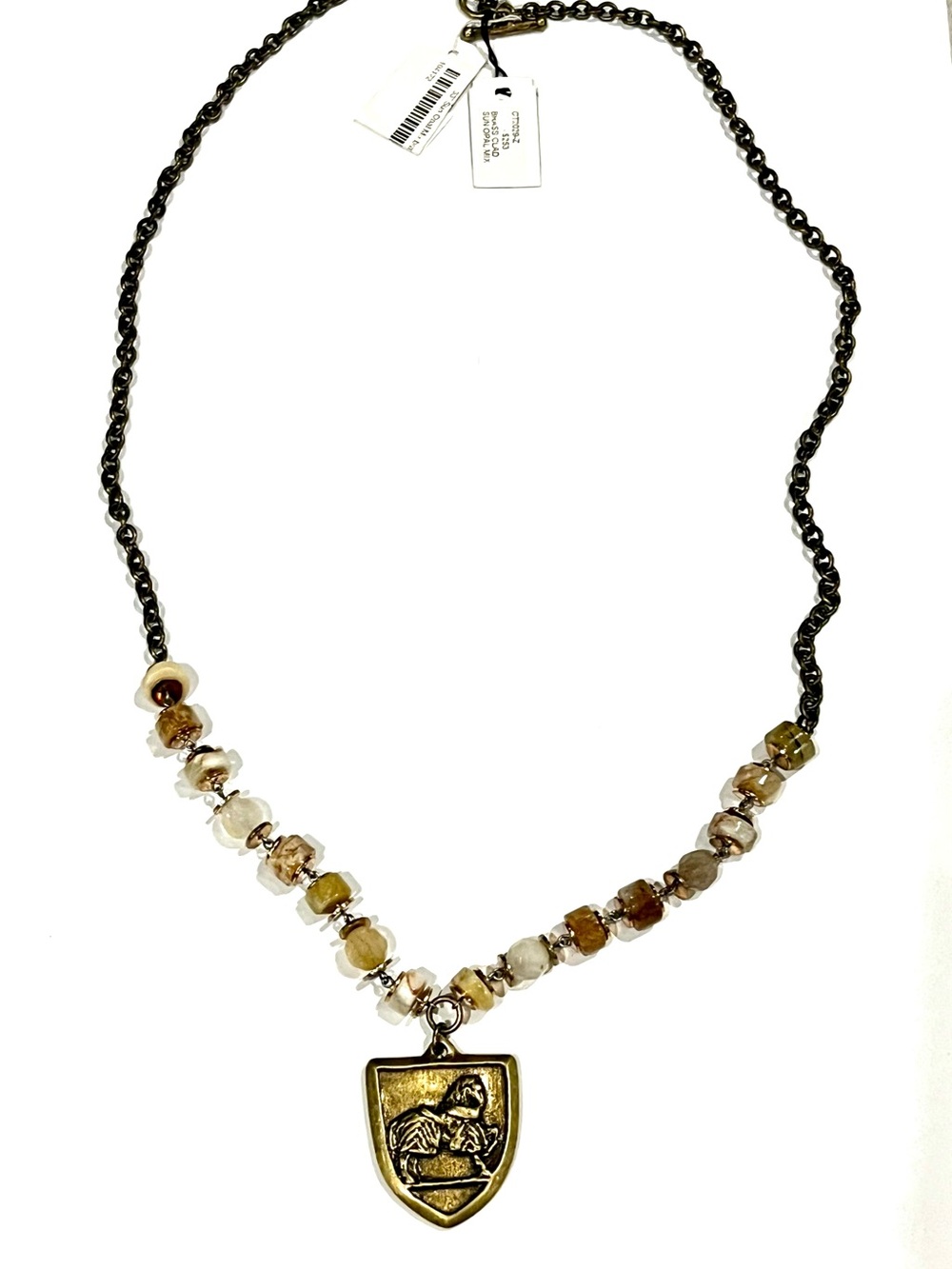 New French Kande Beaded Gold-Tone Shield Pendant Necklace